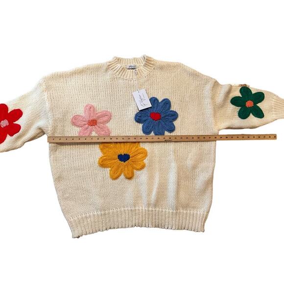 Polagram Sweater Women's Large Beige Floral Knitted Ribbed Long Sleeve Pullover - Picture 3 of 4